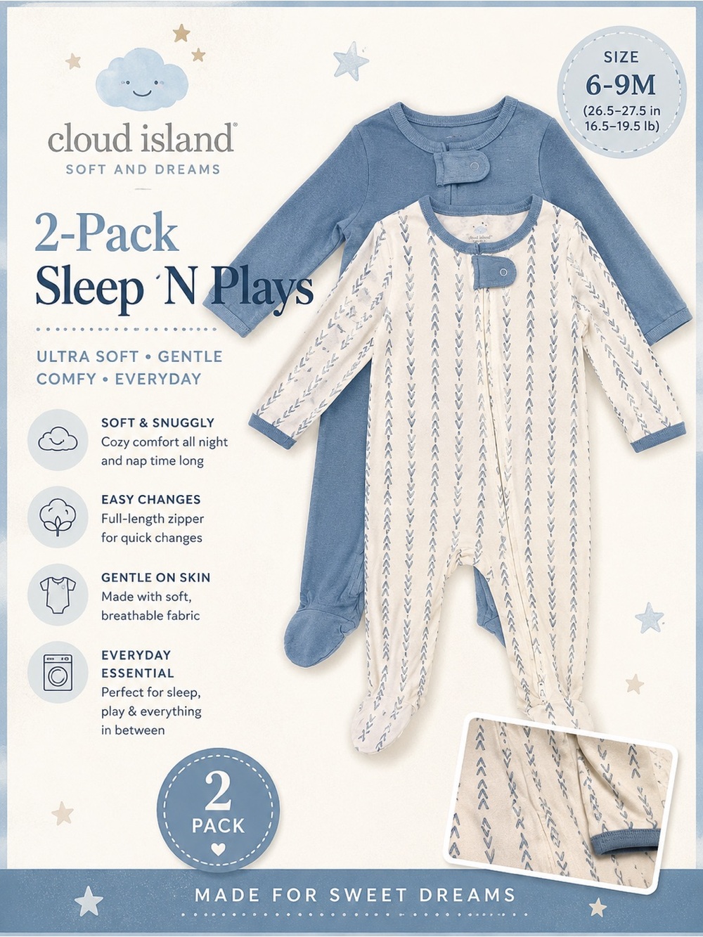 cloud island 2-Pack Blue & Cream Sleep N Plays - Long Sleeve Footed Pajamas 6-9m